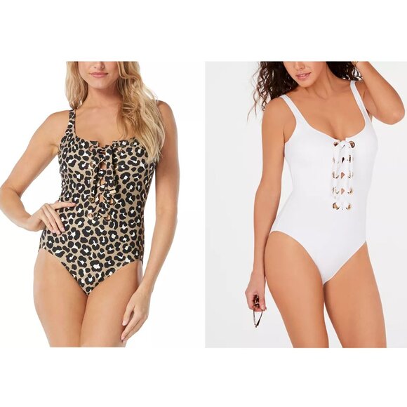 NWT Michael Kors Womens Lace-Up One-Piece Swimsuit Multicolor Sz 6-10 $140 9B691 - Picture 1 of 6